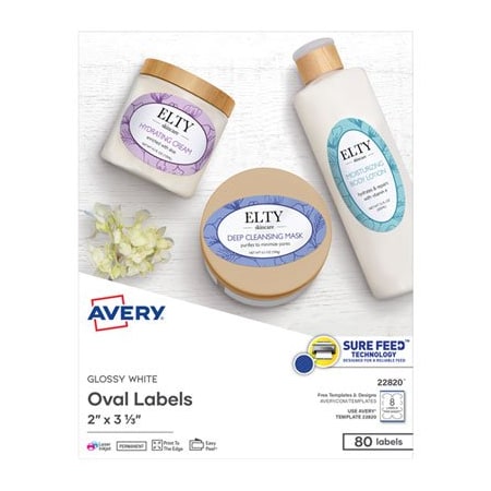 Avery Dennison Avery, OVAL LABELS W/ SURE FEED AND EASY PEEL, 2 X 3.33, GLOSSY WHITE, 80PK 22820